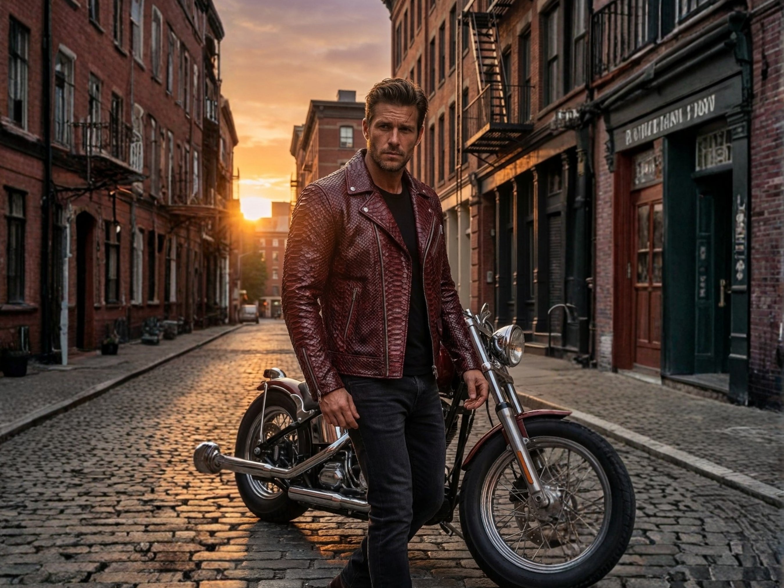 Burgundy python snakeskin leather biker jacket on model with asymmetrical zip closure