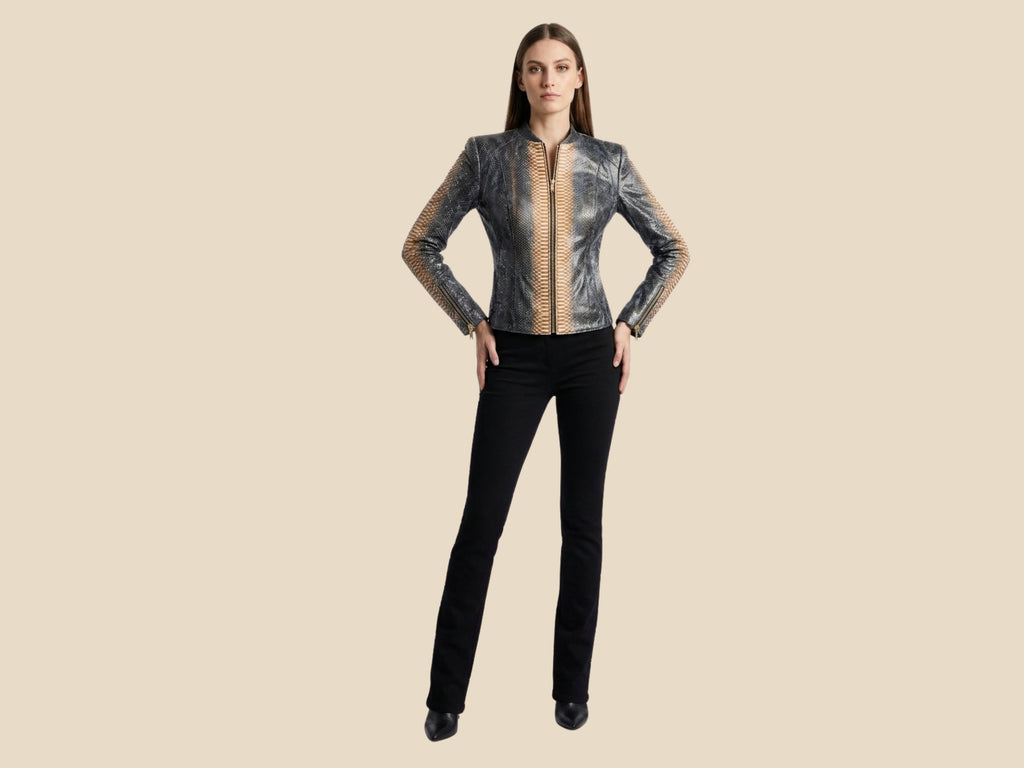 Charcoal snakeskin-effect cropped jacket with stand collar and zip front