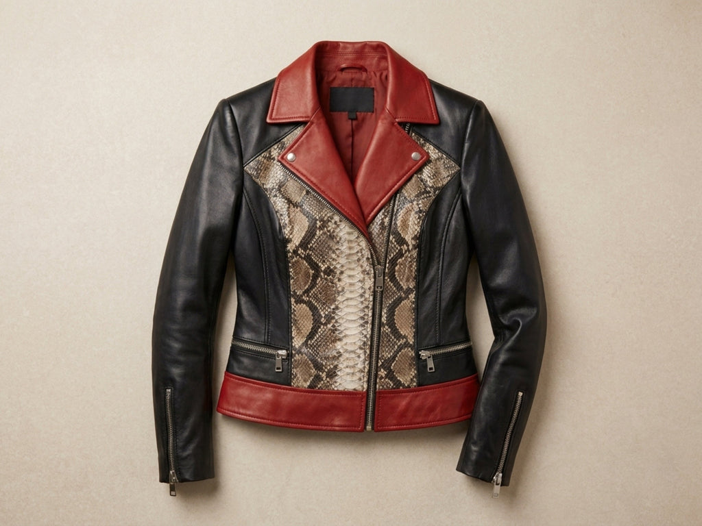 Biker leather jacket on hanger with snakeskin front panel and red waist band