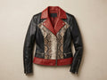 Biker leather jacket on hanger with snakeskin front panel and red waist band