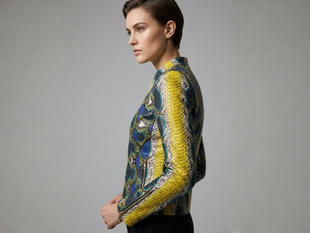 Multi-color snakeskin leather jacket with zip-front, side view, stand collar
