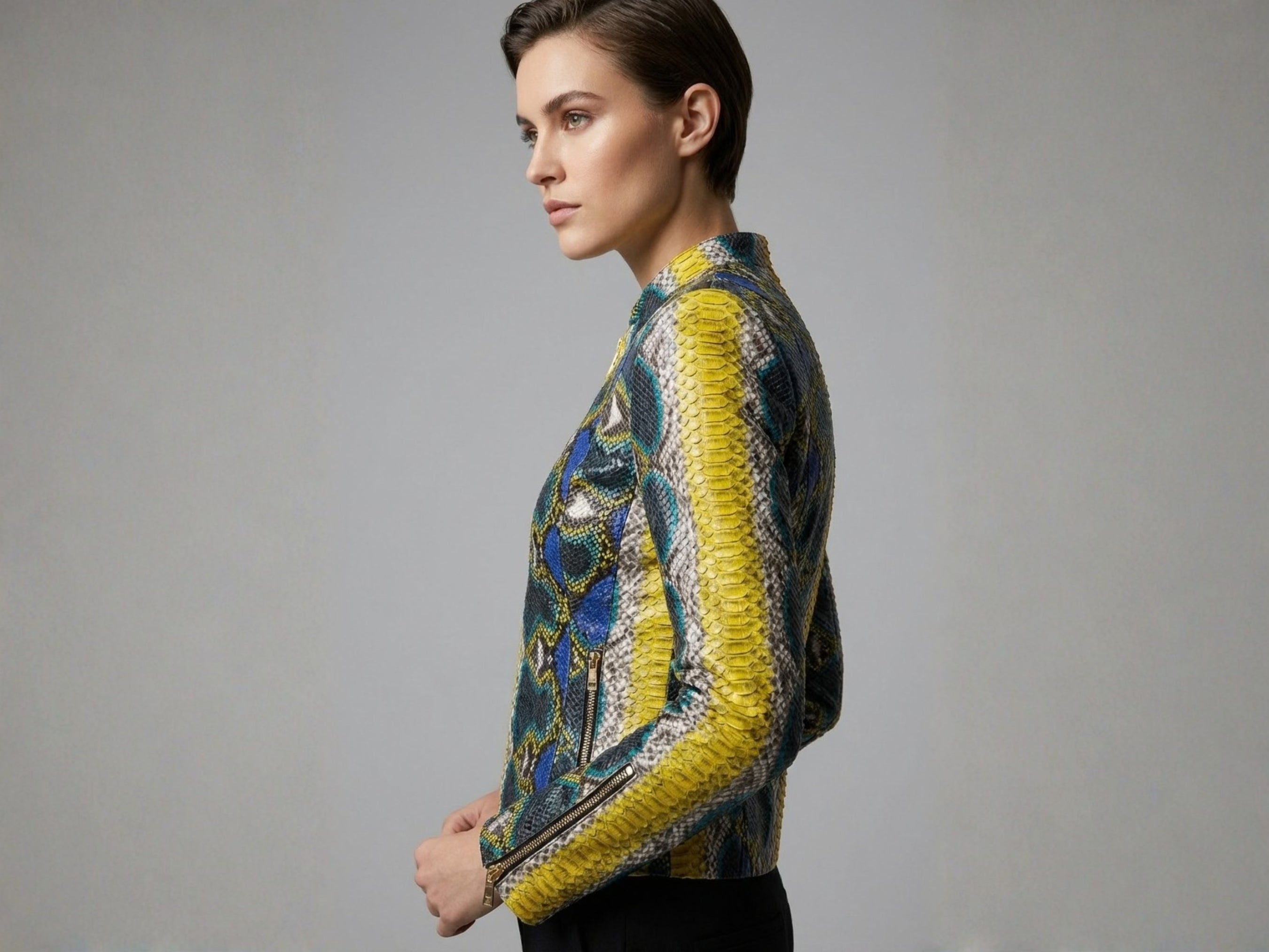 Multi-color snakeskin leather jacket with zip-front, side view, stand collar