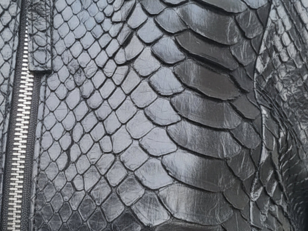 Close-up of snakeskin leather texture on dark leather jacket