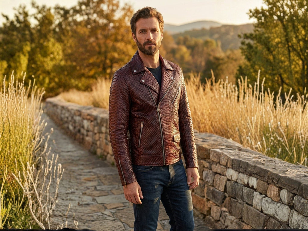 Burgundy python snakeskin leather biker jacket with zip front and notched lapels