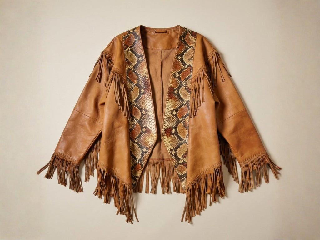 Brown suede cape jacket with snakeskin-patterned front panels and layered fringe
