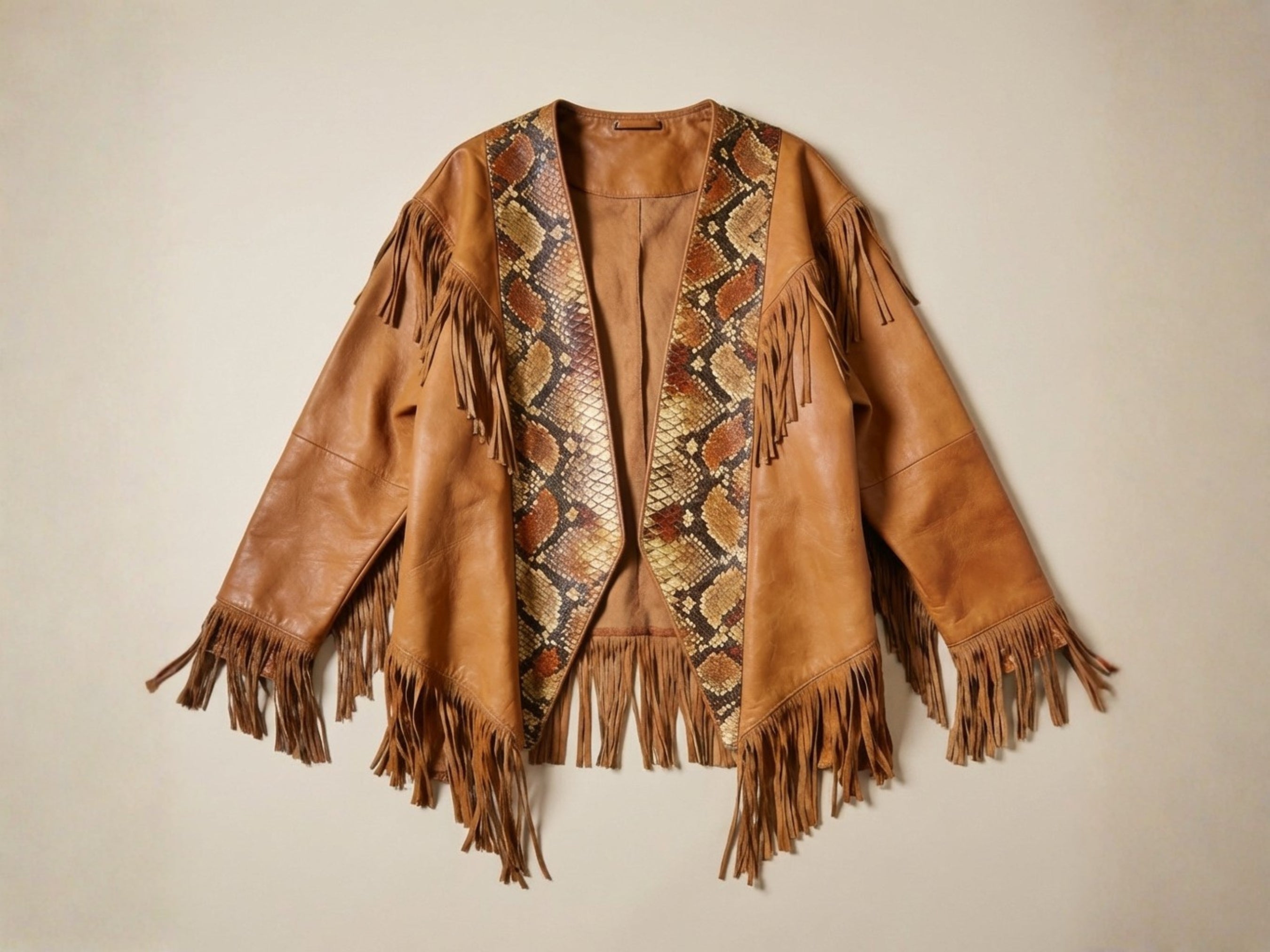 Brown suede cape jacket with snakeskin-patterned front panels and layered fringe