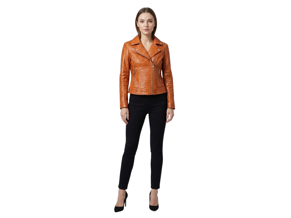 Burnt orange snakeskin-texture leather biker jacket with zip front, notched lapels, zip pockets
