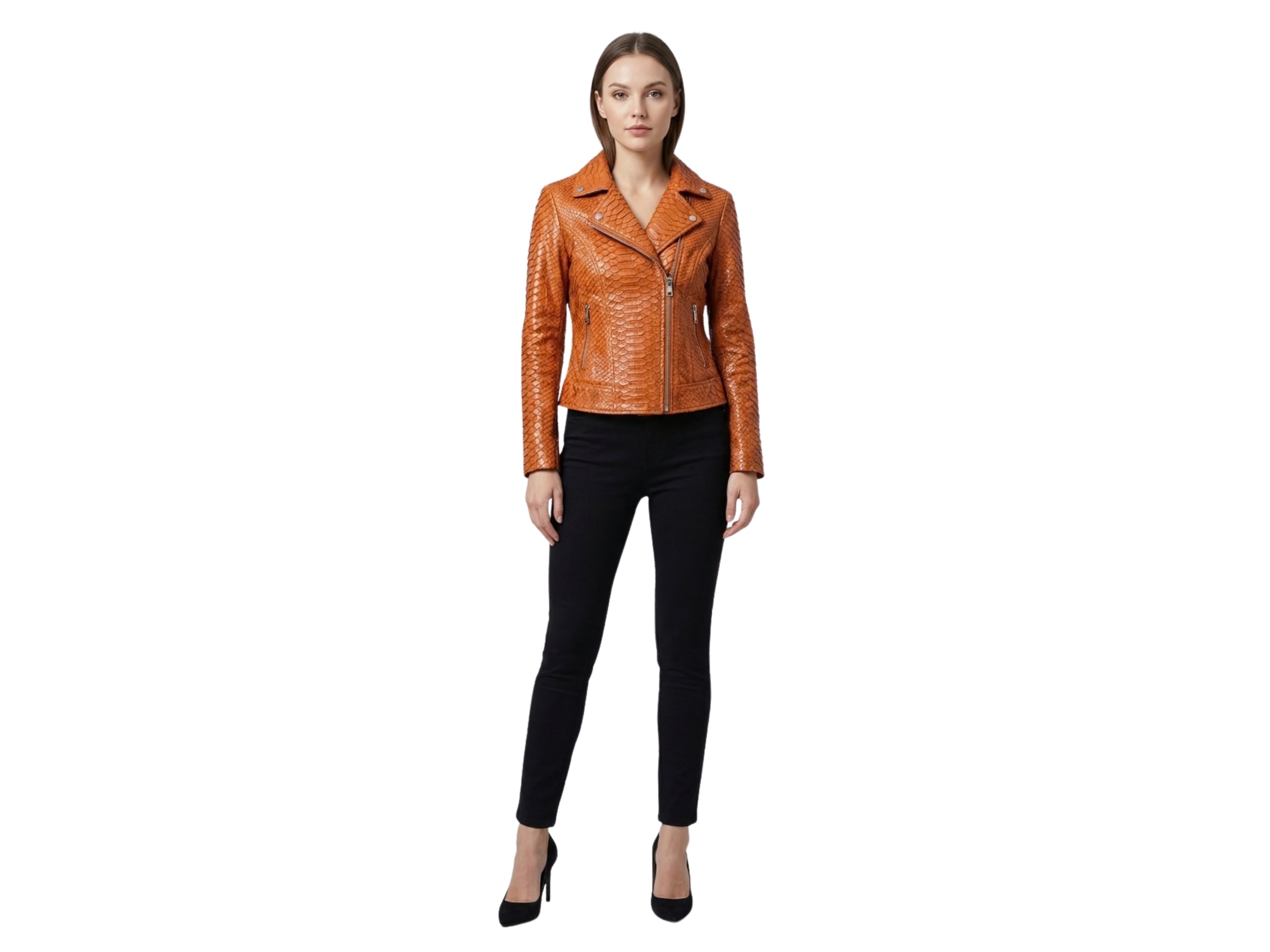 Burnt orange snakeskin-texture leather biker jacket with zip front, notched lapels, zip pockets