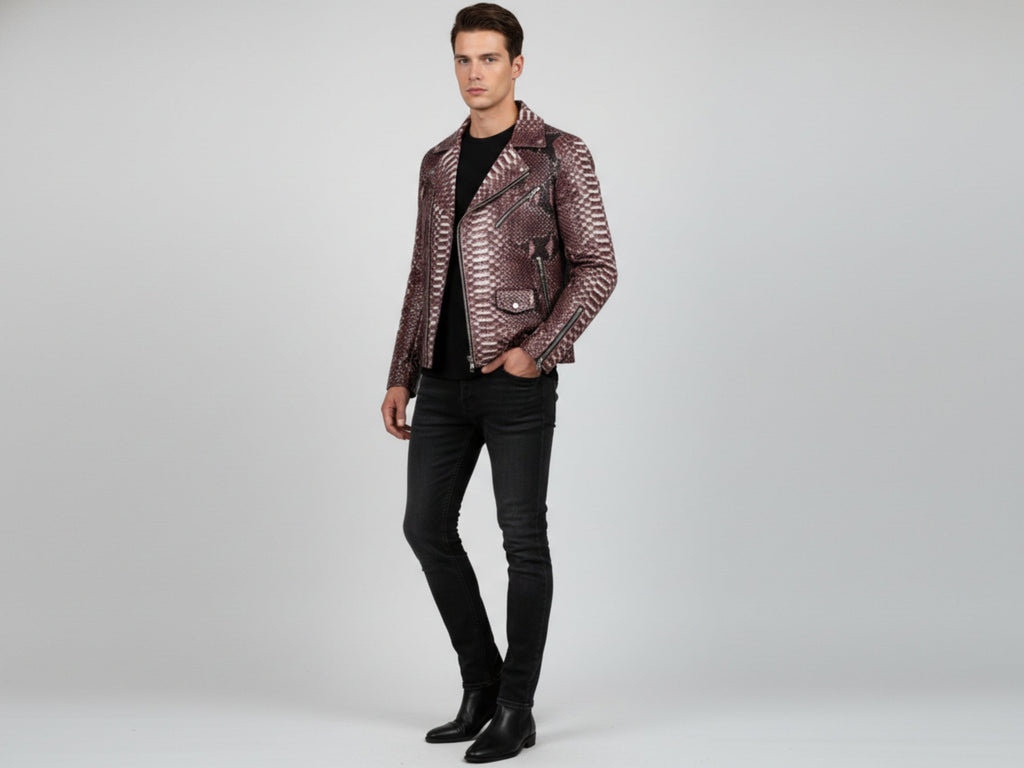 Men's snakeskin-effect biker leather jacket, burgundy gradient with zip and notch lapels.