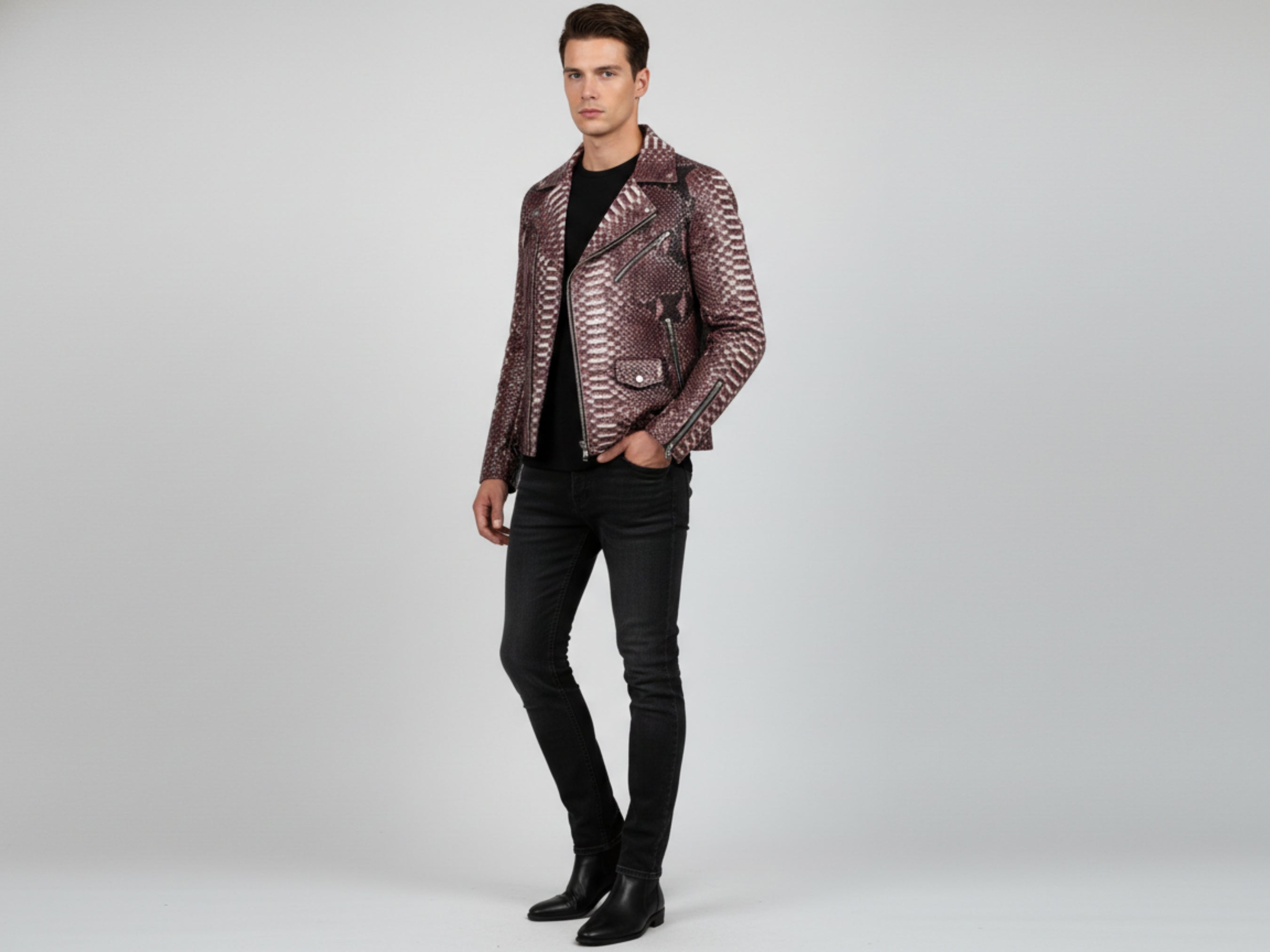 Men's snakeskin-effect biker leather jacket, burgundy gradient with zip and notch lapels.