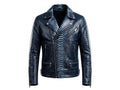 Dark blue python snakeskin biker jacket with studded lapels and asymmetrical zippers front.