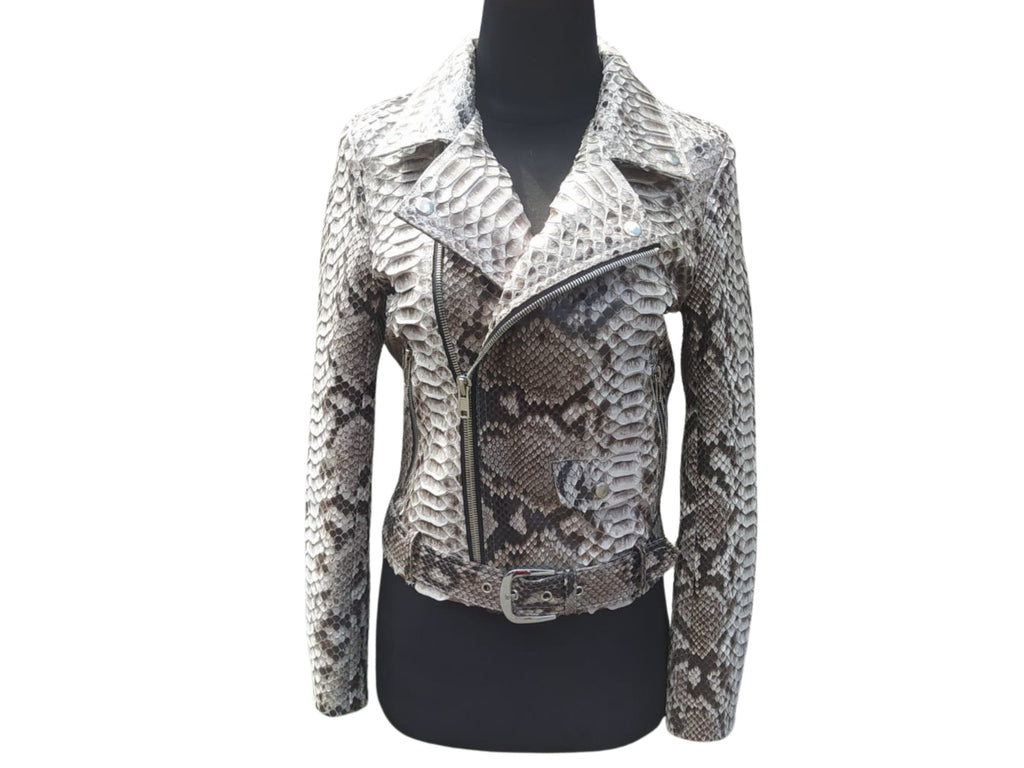 Snakeskin biker jacket with belt accent, silver-gray snake print, zip-up front