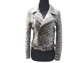 Snakeskin biker jacket with belt accent, silver-gray snake print, zip-up front