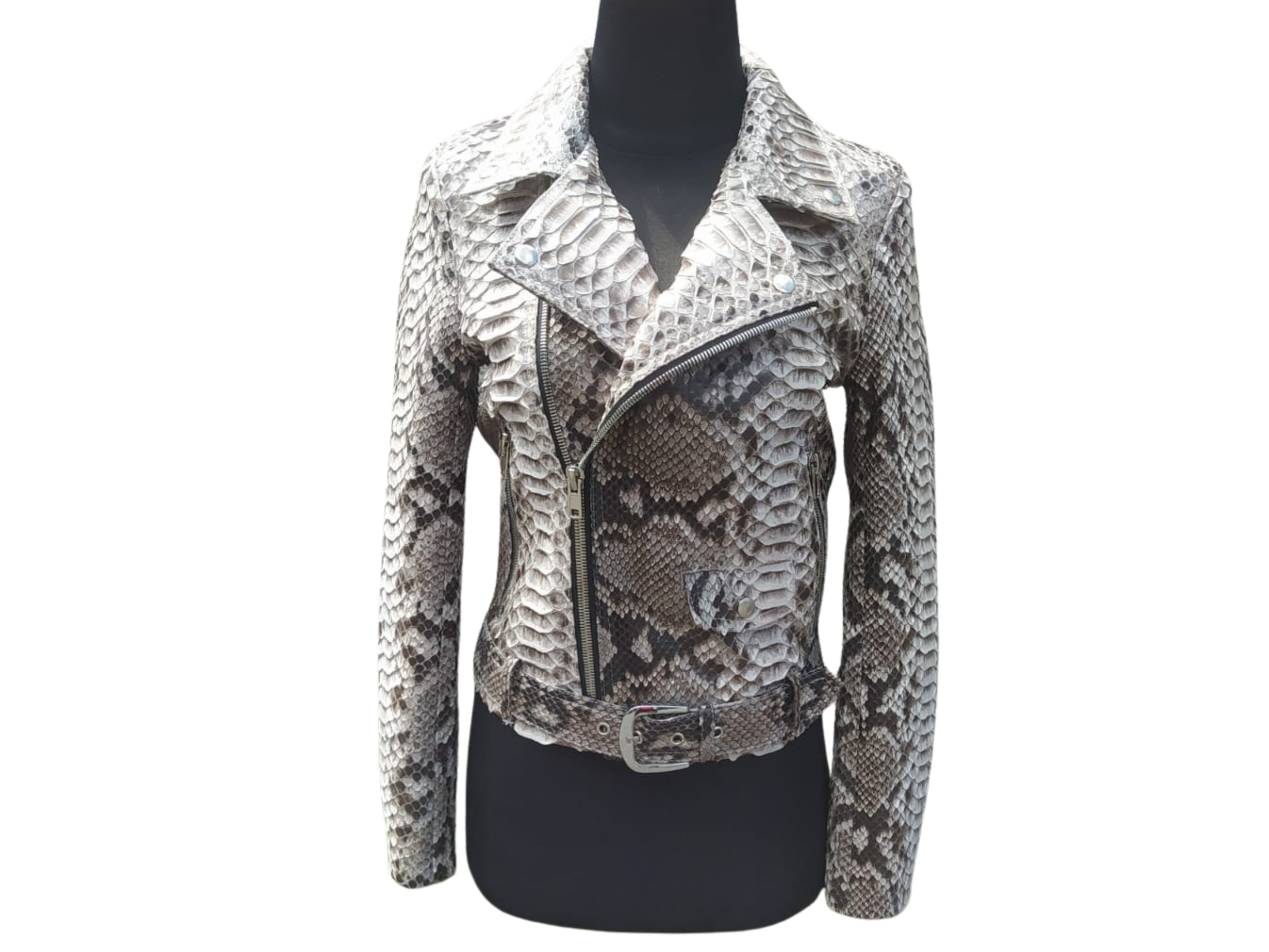 Snakeskin biker jacket with belt accent, silver-gray snake print, zip-up front