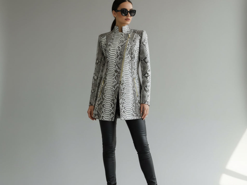 Gray python snakeskin asymmetrical zip jacket on mannequin, long sleeves and collar