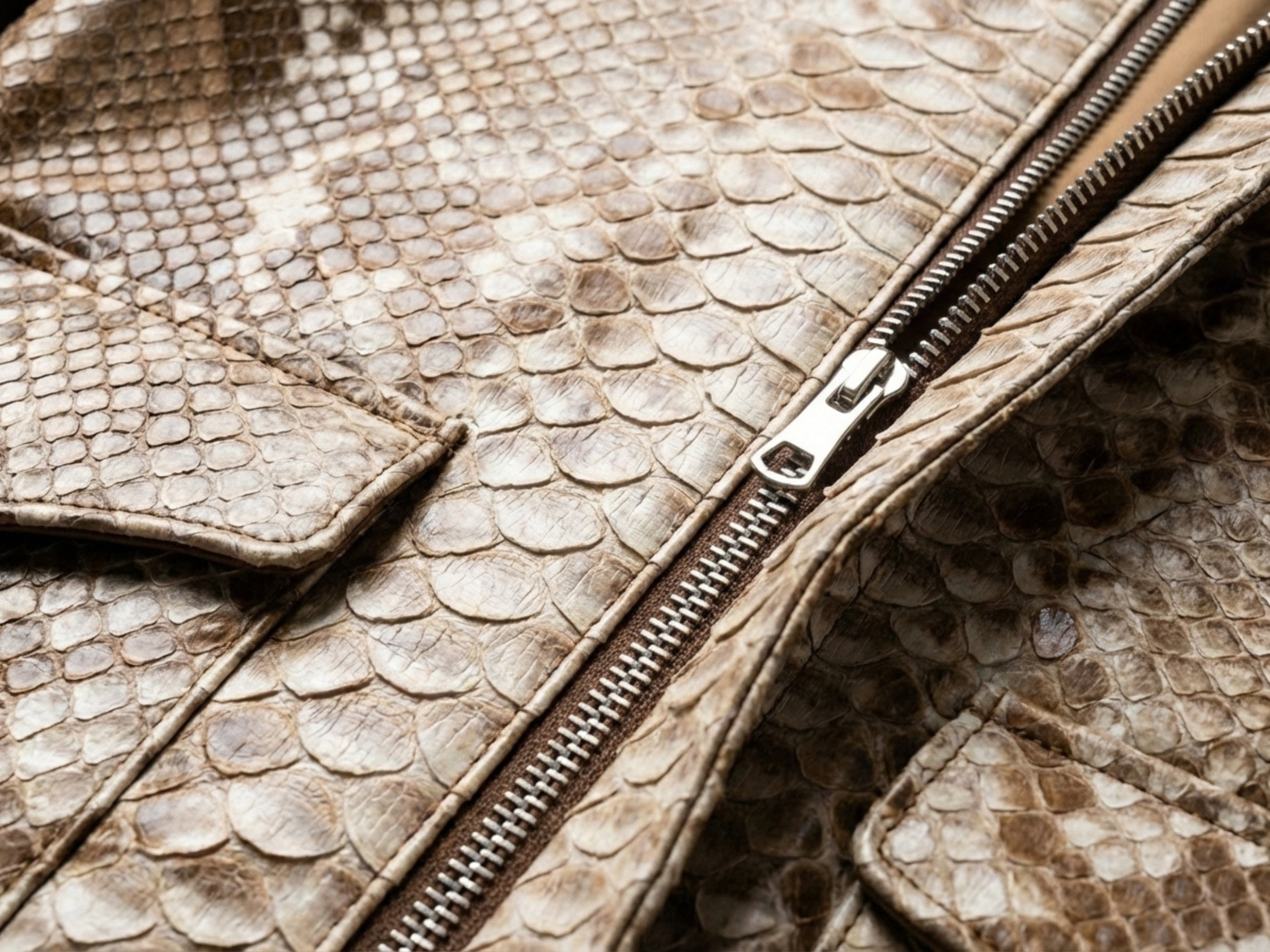 Close-up of taupe beige python snakeskin bomber jacket zipper and fabric texture