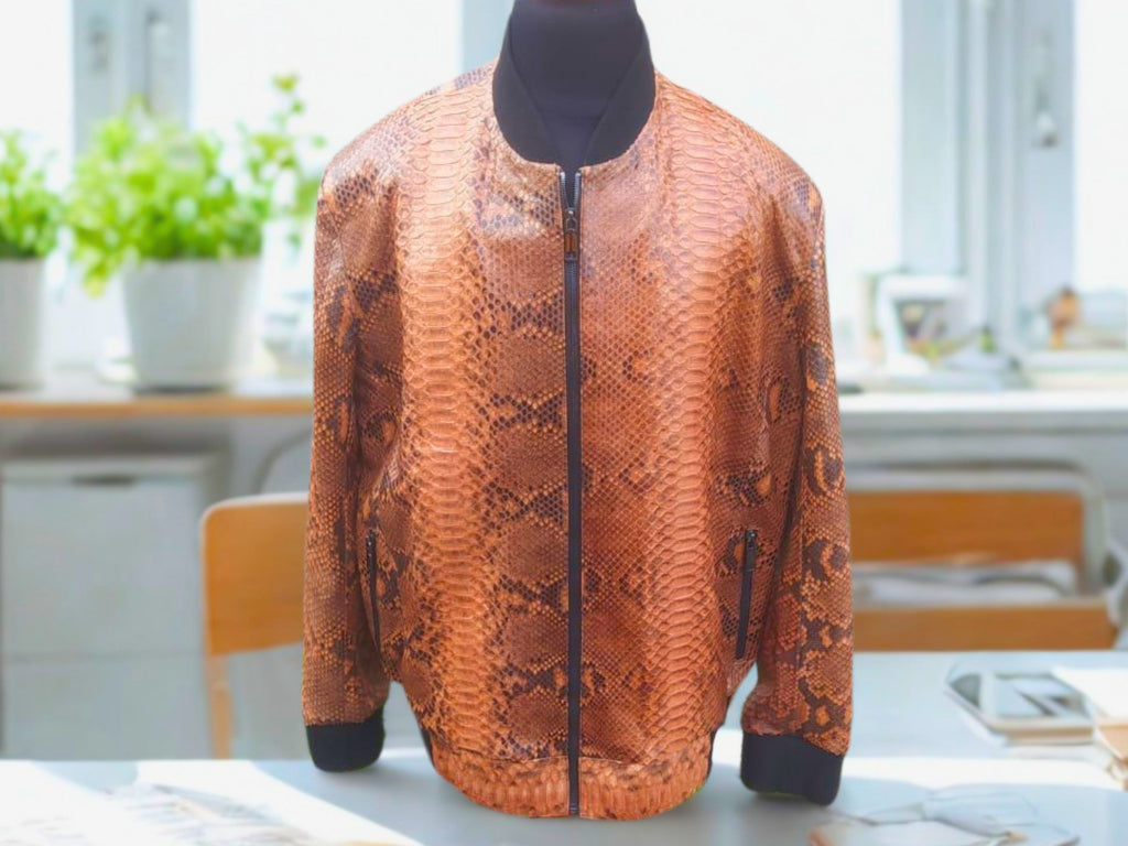 Brown leather bomber jacket front view with scaly snakeskin pattern and full front zipper