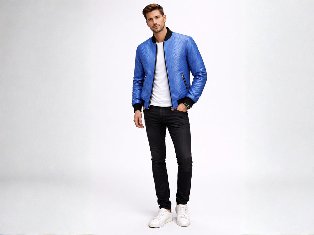 Blue snakeskin-textured bomber jacket with zip front and black rib cuffs; over white tee