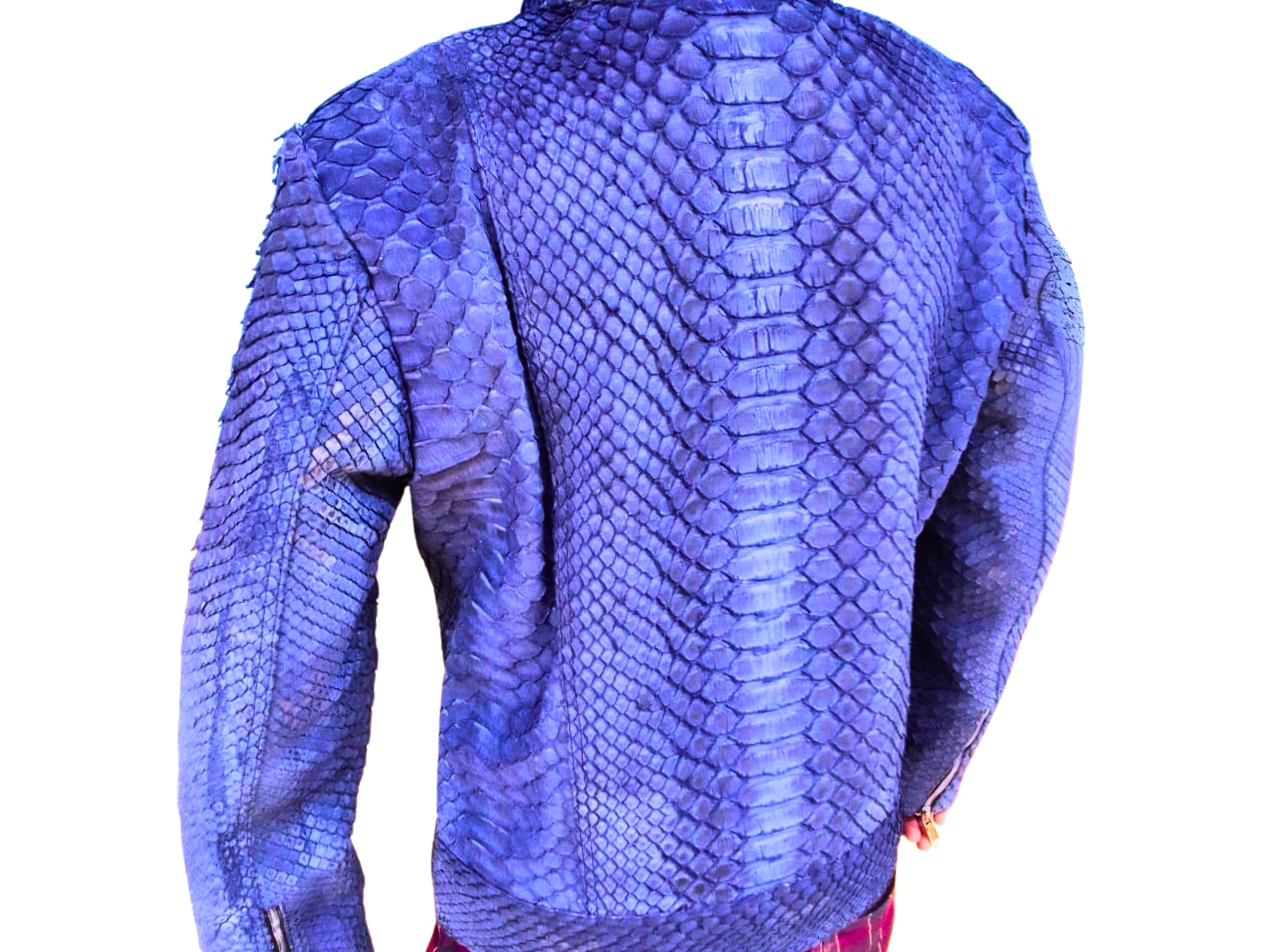 Blue snakeskin leather jacket back view with stand collar