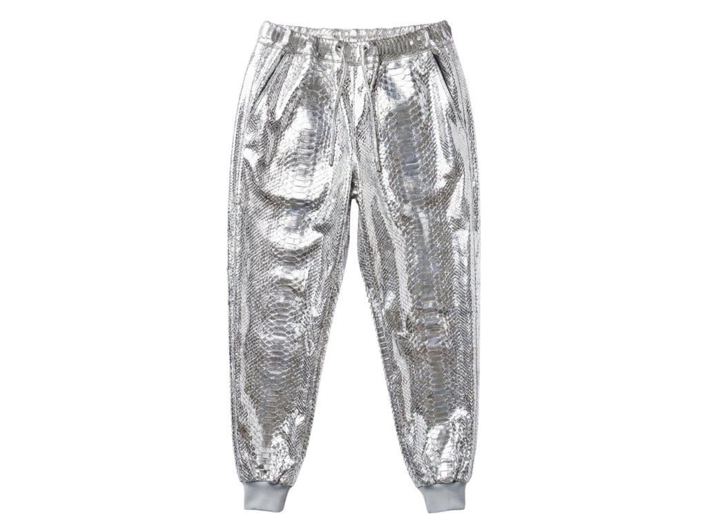 Silver metallic python-pattern jogger pants back view with elastic waistband