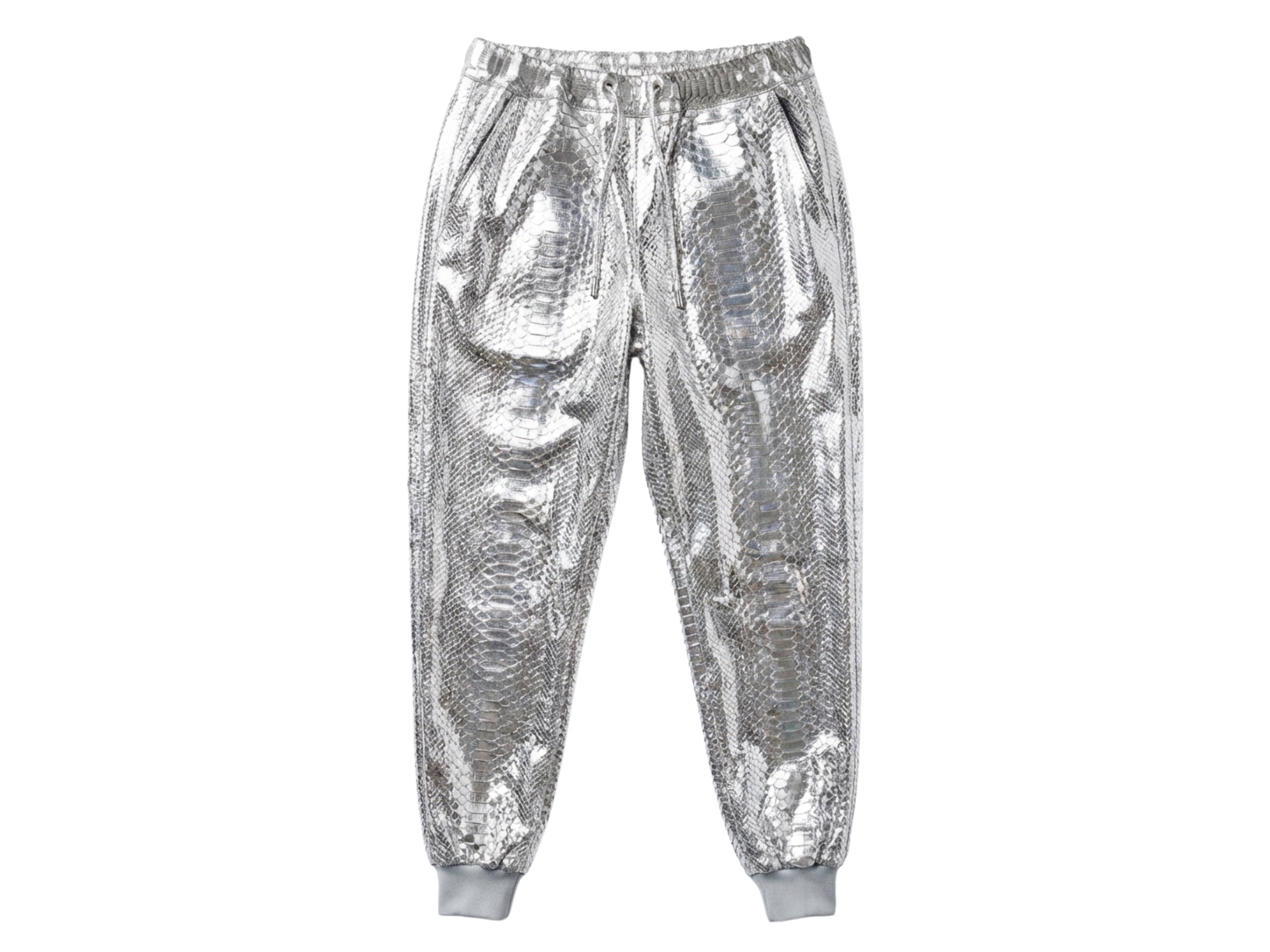 Silver metallic python-pattern jogger pants back view with elastic waistband