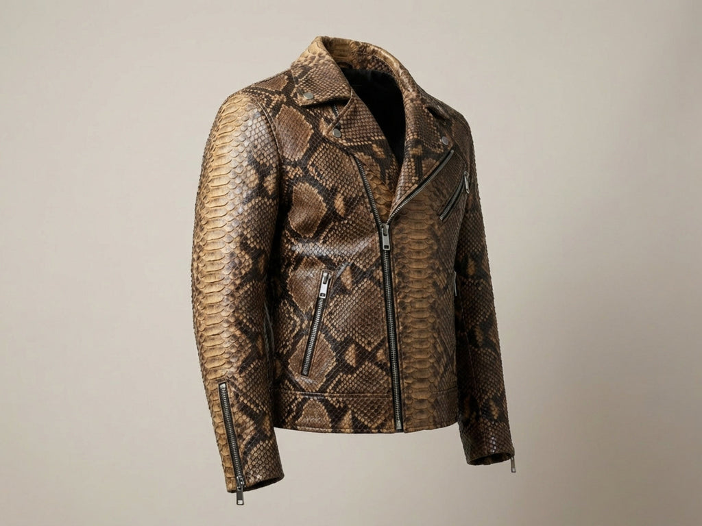 Natural brown snakeskin leather biker jacket, angled view of asymmetrical zip and cuffs