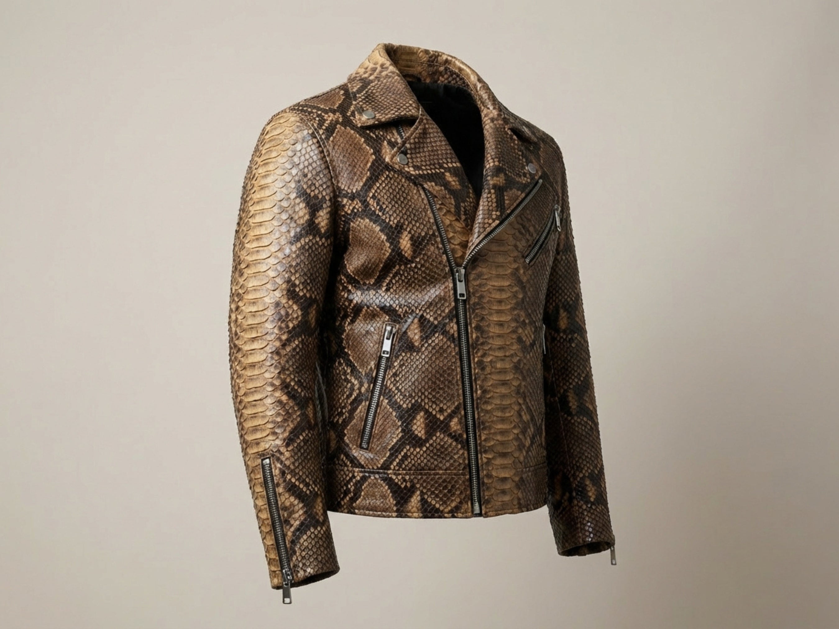 Natural brown snakeskin leather biker jacket, angled view of asymmetrical zip and cuffs