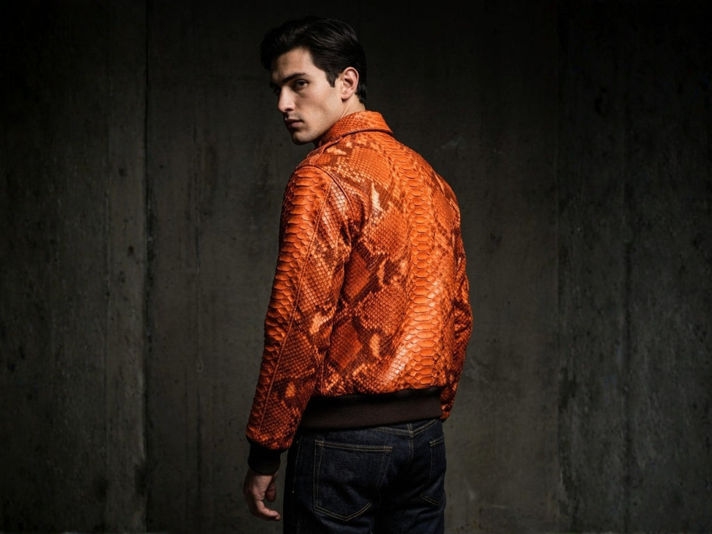 Men's orange python snakeskin bomber jacket in side view, ribbed cuffs and collar