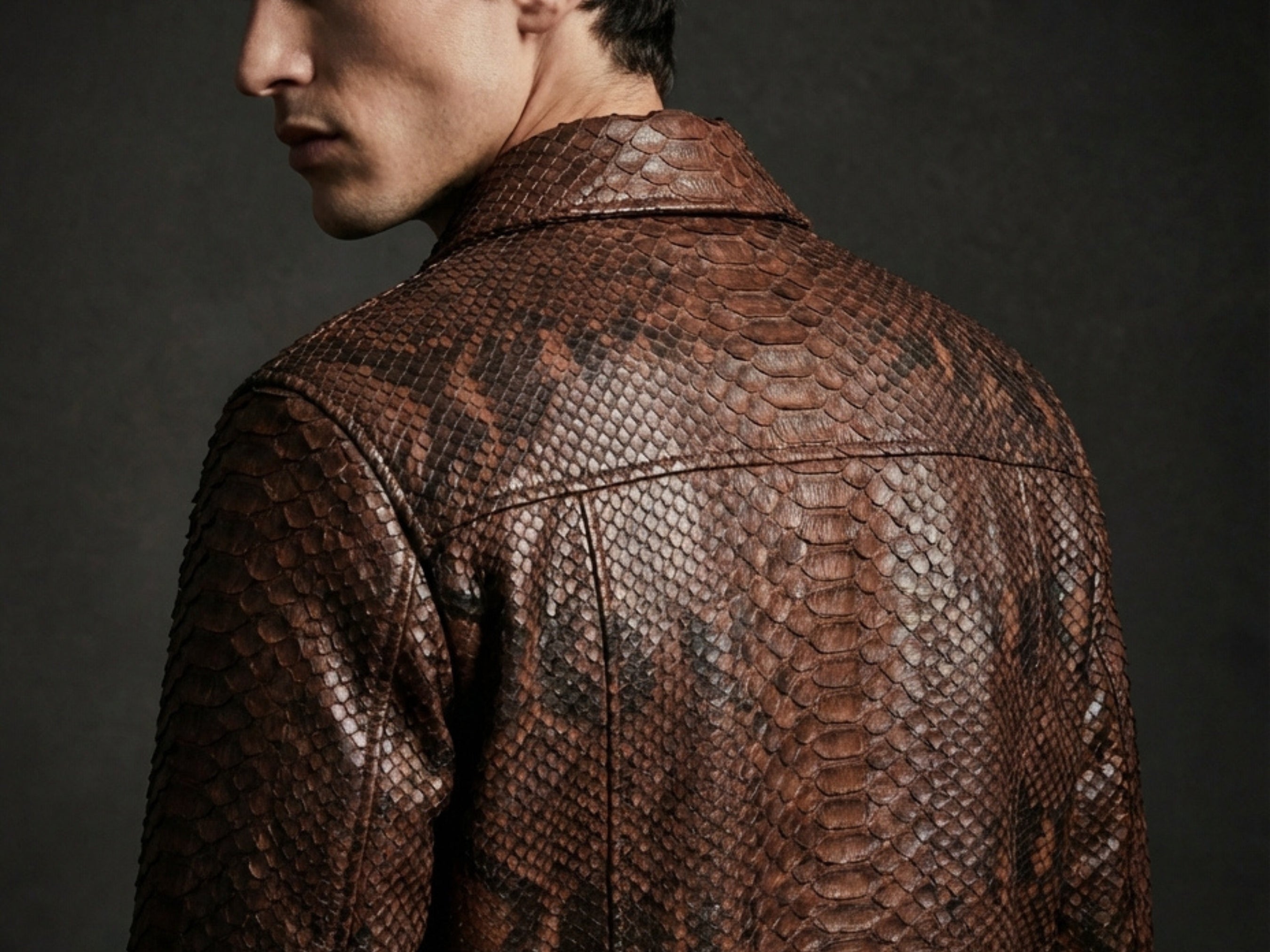 Brown python snakeskin jacket back with stand collar and vertical seam details