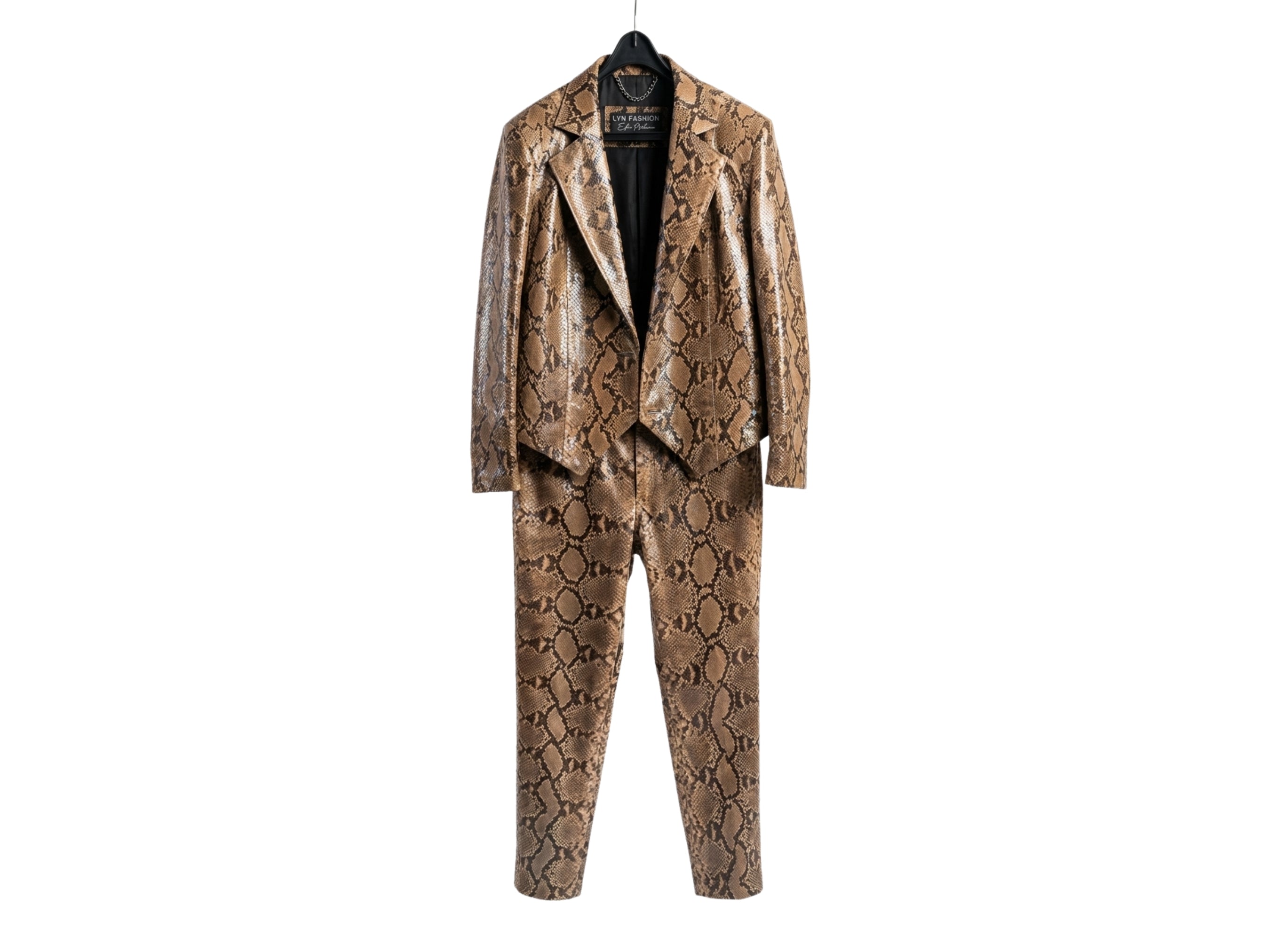 Brown python snakeskin suit set with blazer jacket and matching straight-leg pants