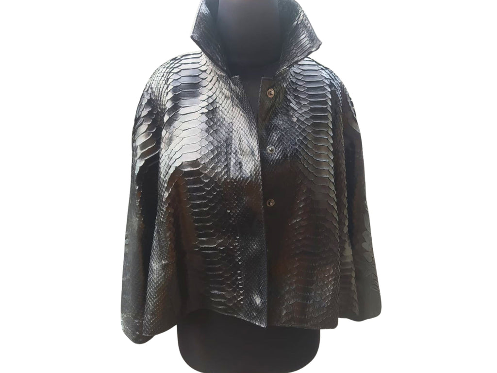 Snakeskin short leather cape with dark-silver snake pattern, structured collar, button front