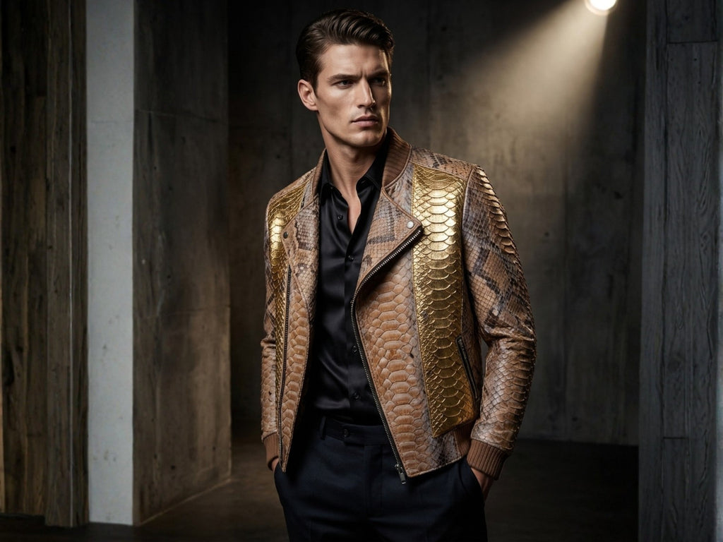 Gold and brown snakeskin-look biker jacket with open front and stand collar