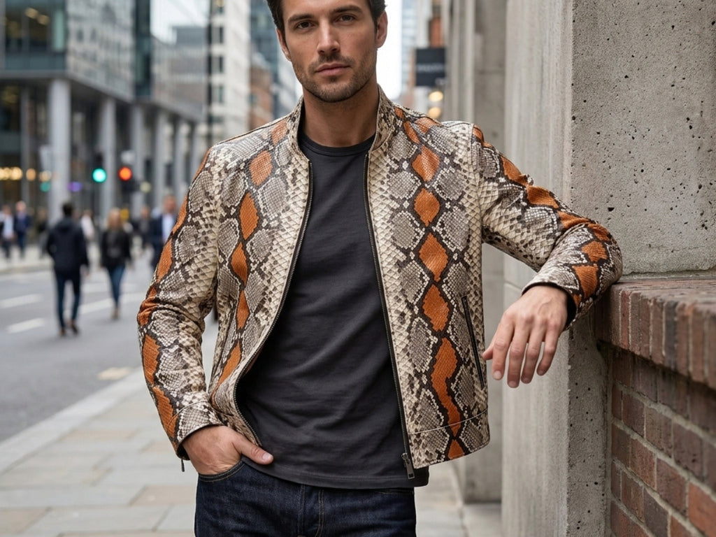 Python snakeskin jacket with orange diamond scale pattern, zip-front stand collar detail