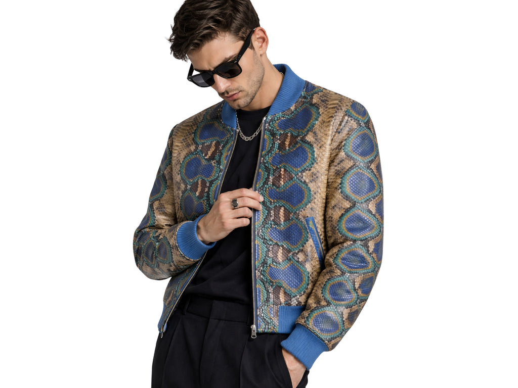 Multi-color python snakeskin bomber jacket, front view on model, zip closure and ribbed cuffs