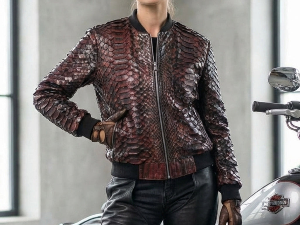 Snakeskin-pattern bomber jacket with stand collar, zip-front, ribbed cuffs and hem