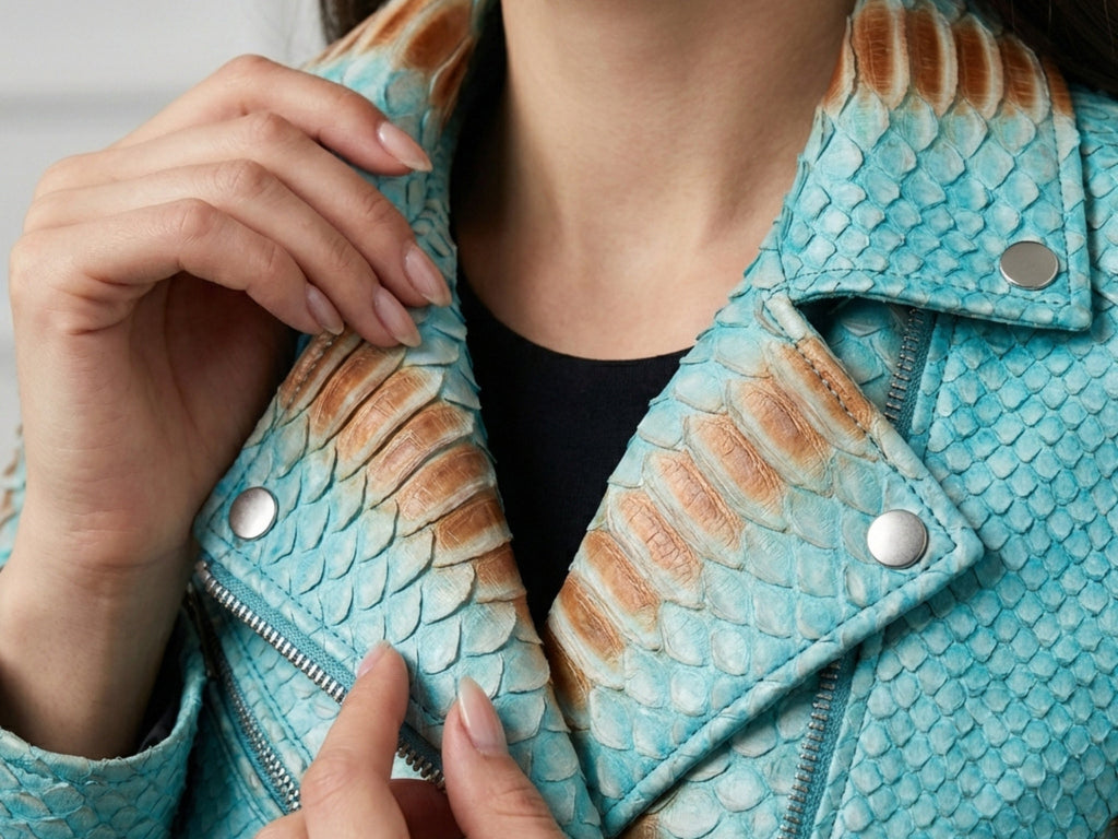 Turquoise snakeskin leather jacket details with snap-button flaps and textured scales