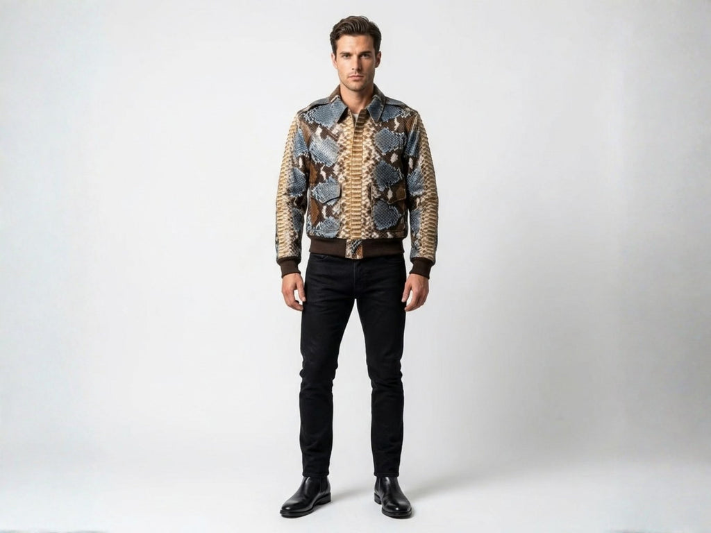Men's snakeskin-pattern bomber jacket with ribbed hem and cuffs, full front view