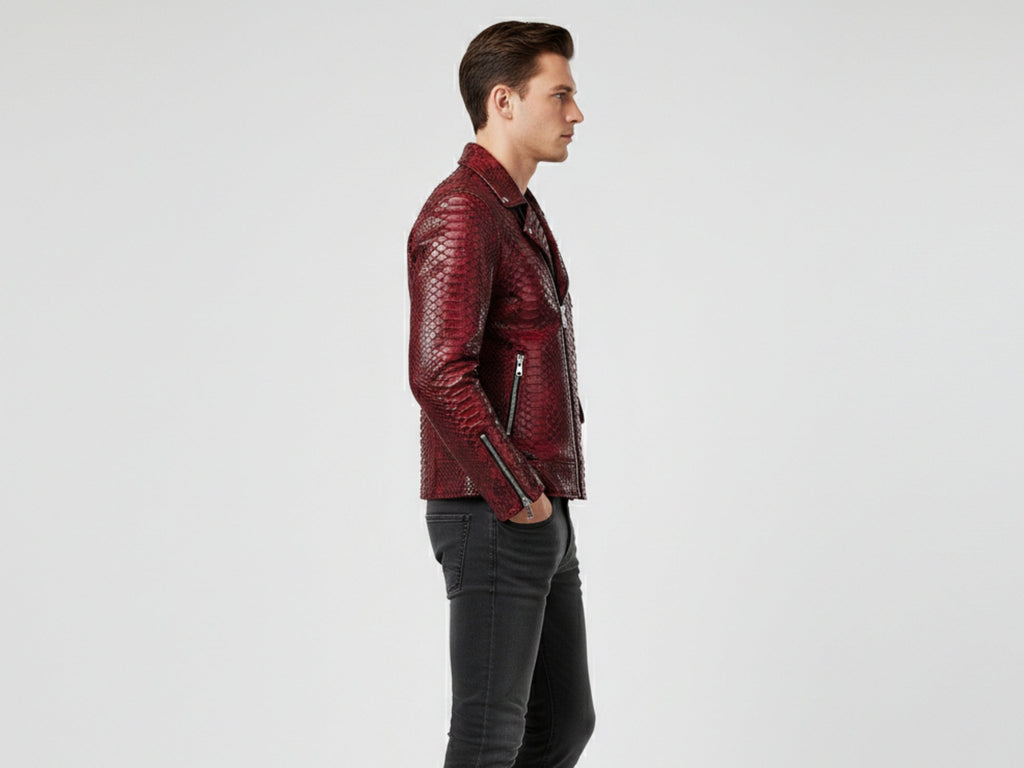 Red python snakeskin biker jacket, left side view with zip pocket and snap details