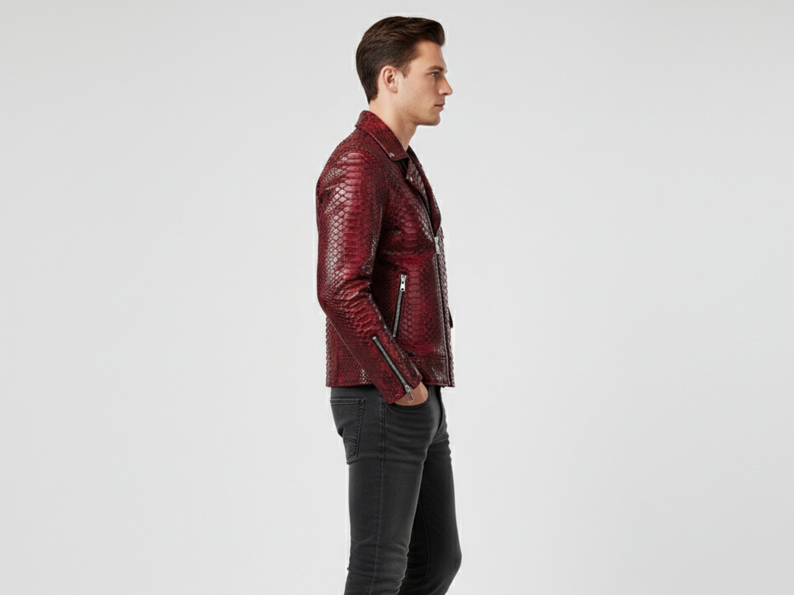 Red python snakeskin biker jacket, left side view with zip pocket and snap details