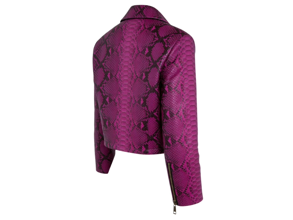 Magenta snakeskin cropped leather jacket back view with stand collar