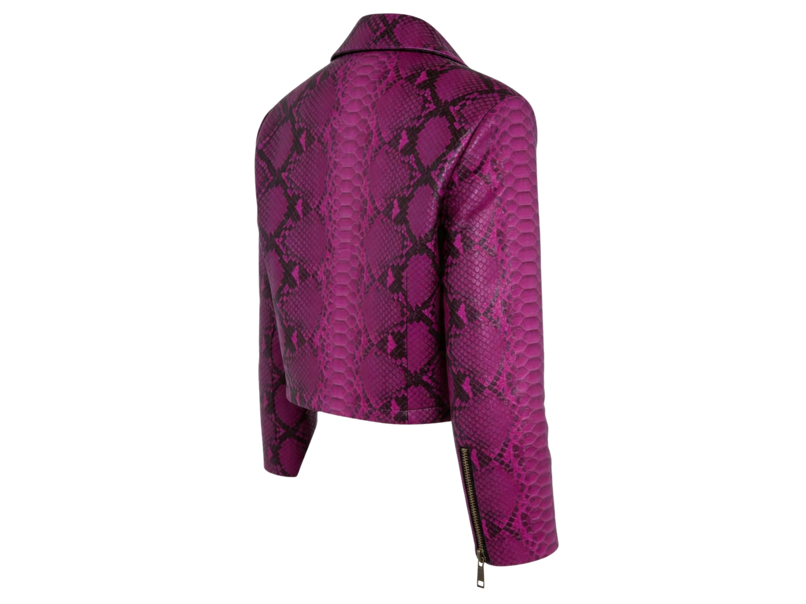 Magenta snakeskin cropped leather jacket back view with stand collar