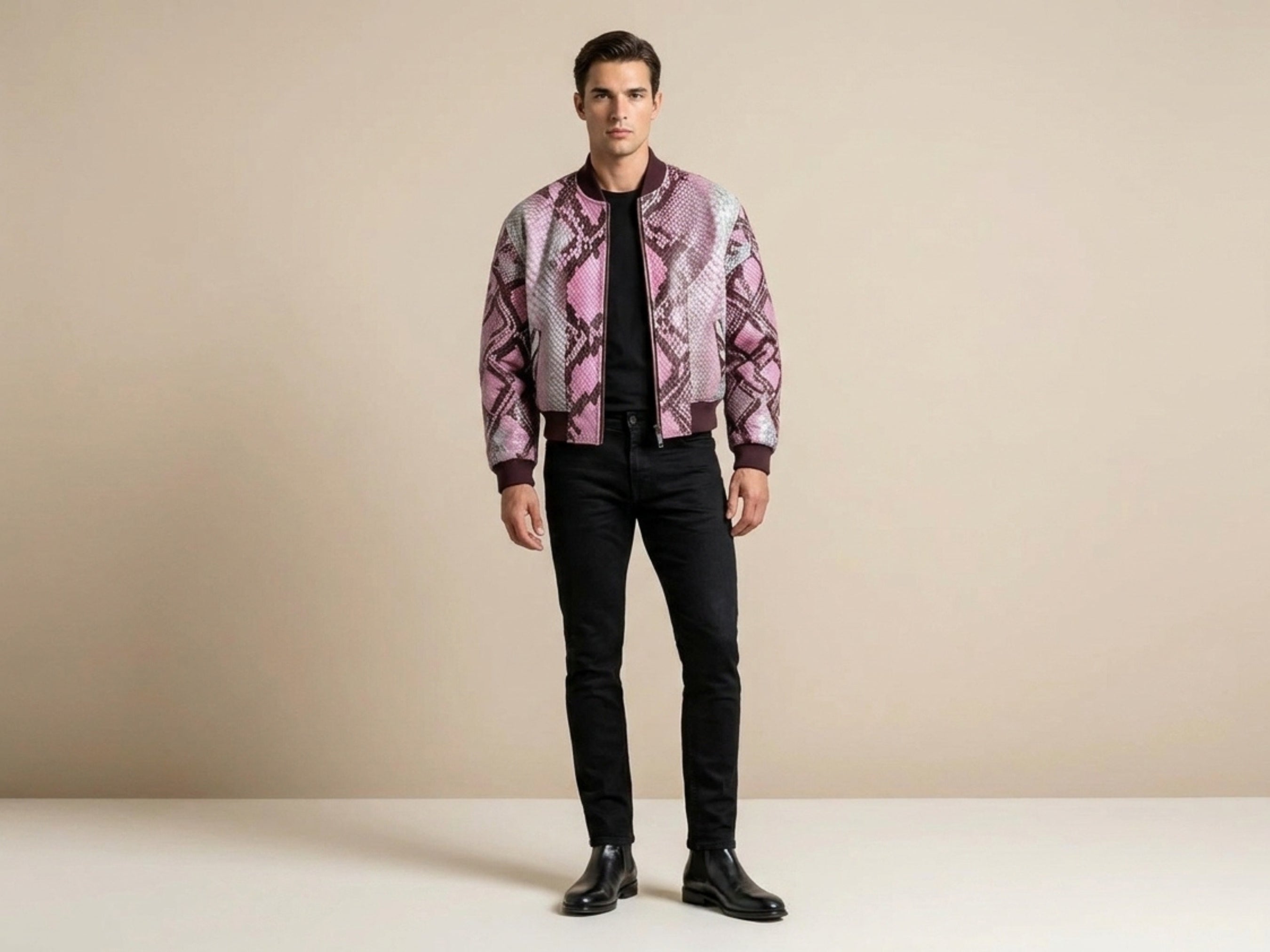 Snakeskin bomber jacket in blush pink with full zipper and maroon ribbed waistband