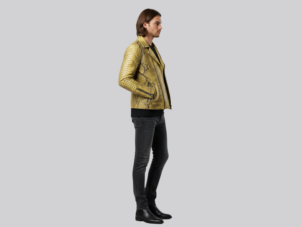 Gold python snakeskin biker jacket, back-side view with structured lapels and seams.