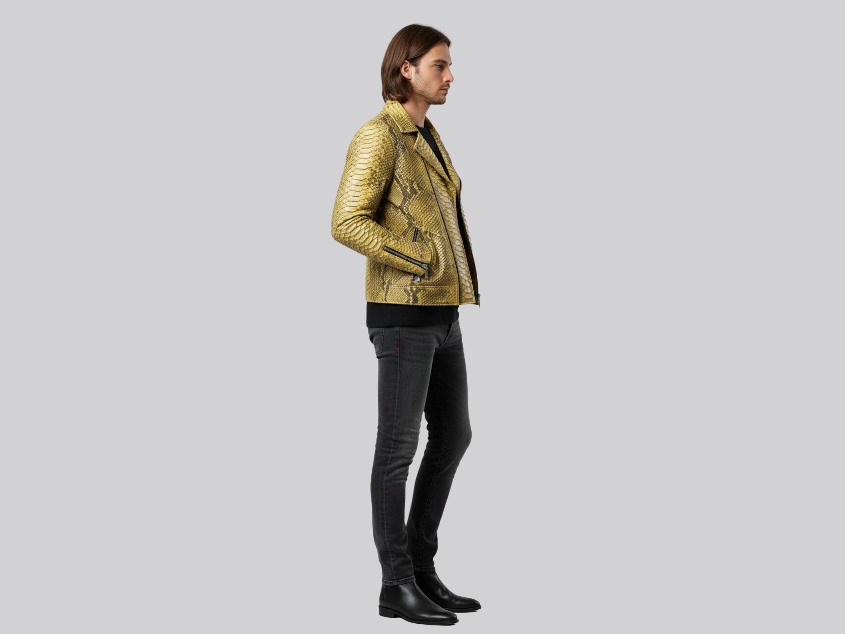 Gold python snakeskin biker jacket, back-side view with structured lapels and seams.