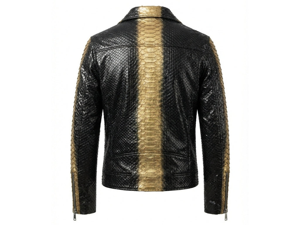 Back view of men's black python-print biker jacket with gold center stripe