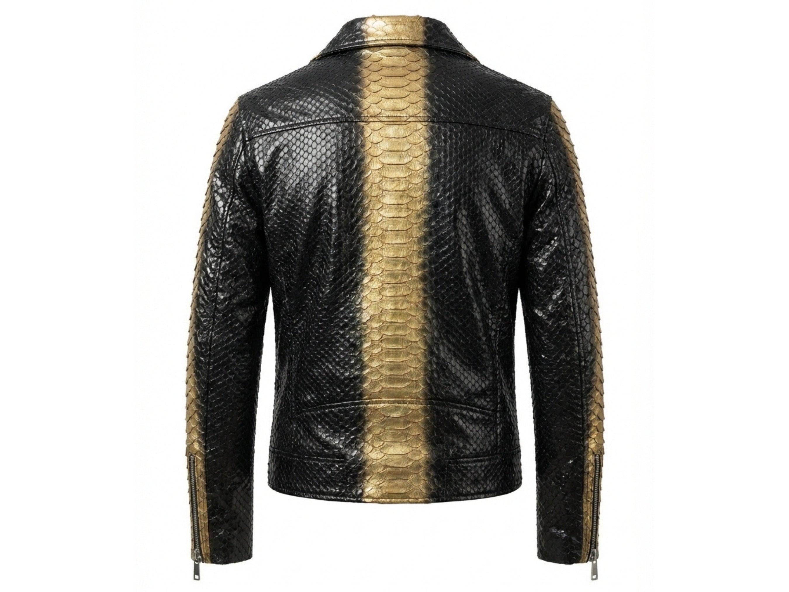 Back view of men's black python-print biker jacket with gold center stripe