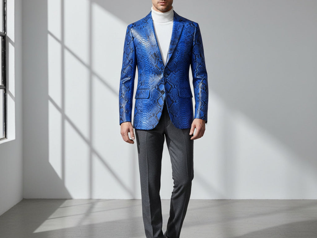 Men's blue snakeskin blazer, notch lapels, front pockets, single-breasted.