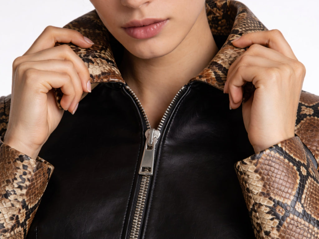 Close-up of black cropped jacket with snakeskin sleeves and silver zipper at chest.