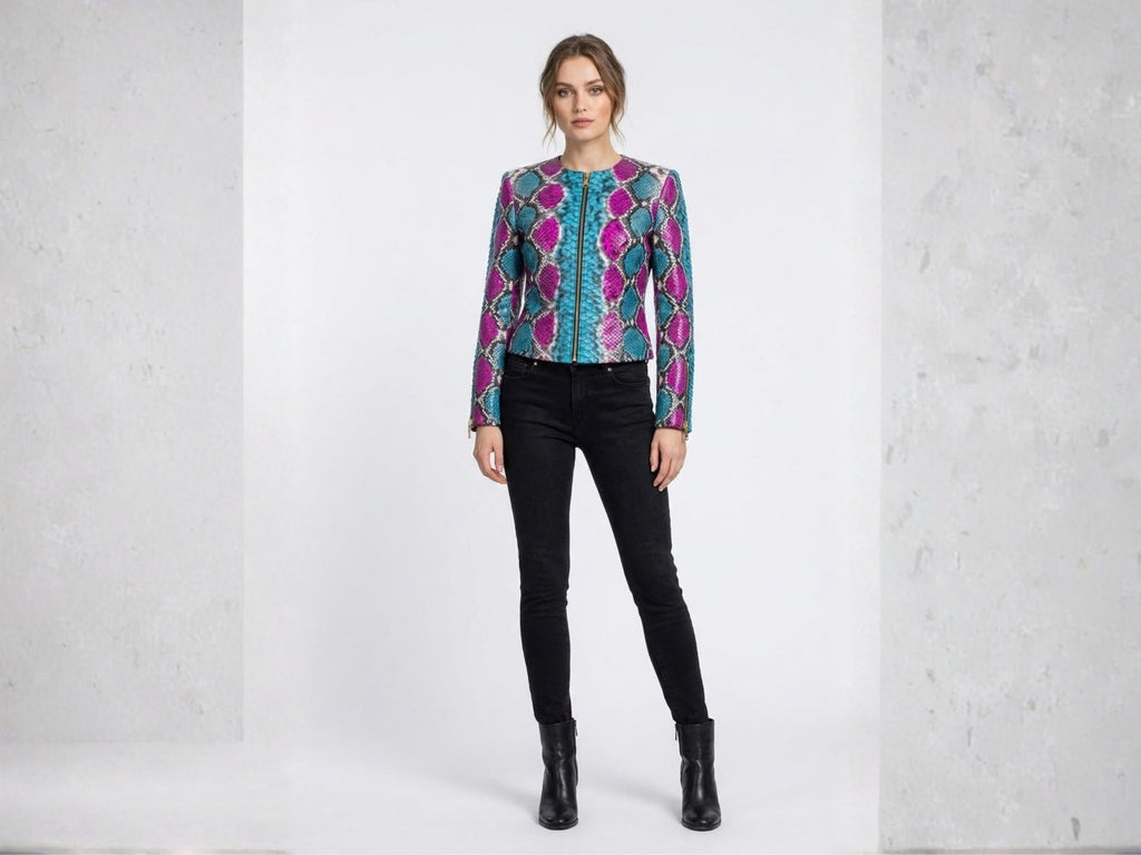 Multi-color snakeskin biker leather jacket with zip front and stand collar