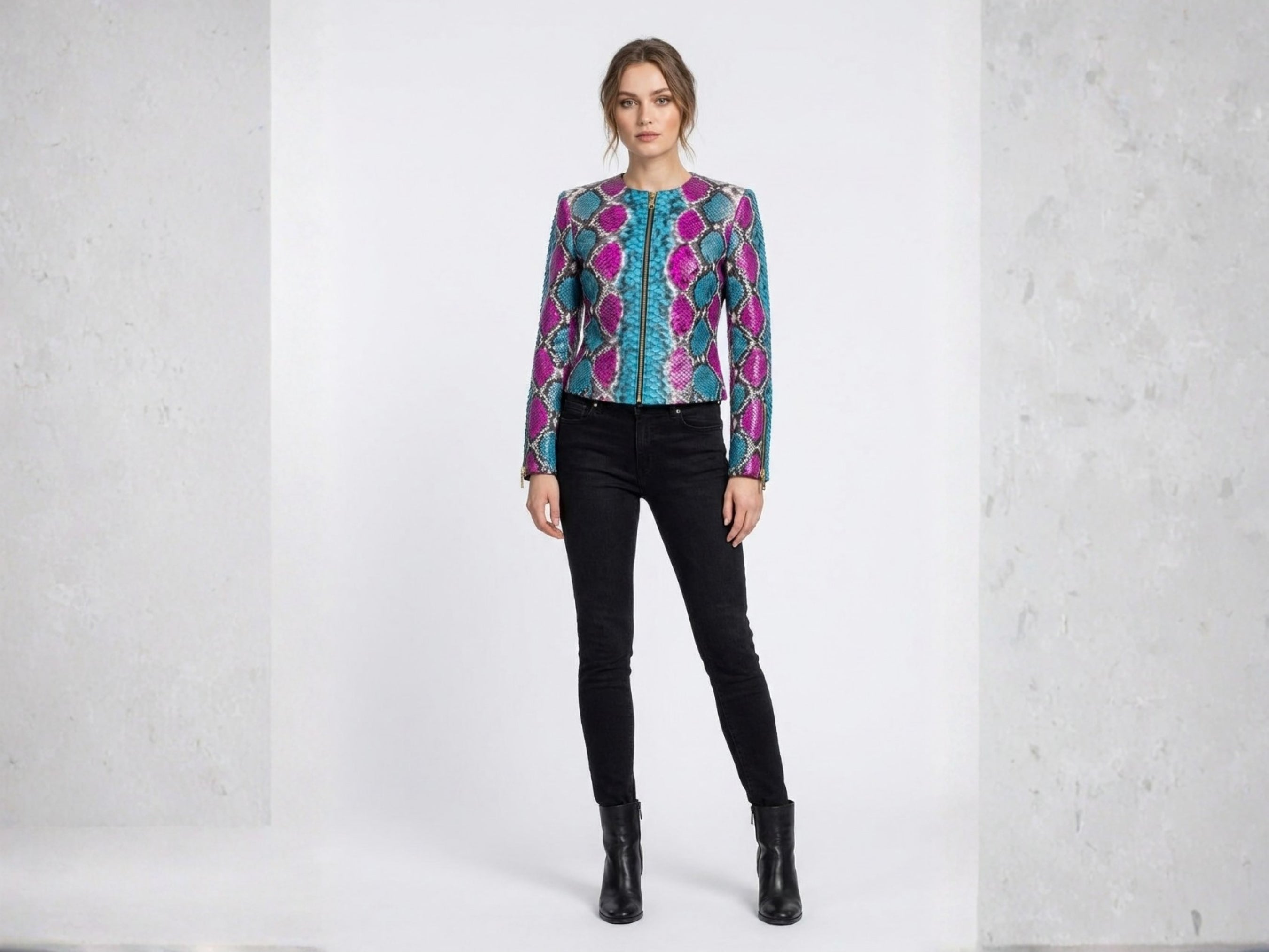 Multi-color snakeskin biker leather jacket with zip front and stand collar